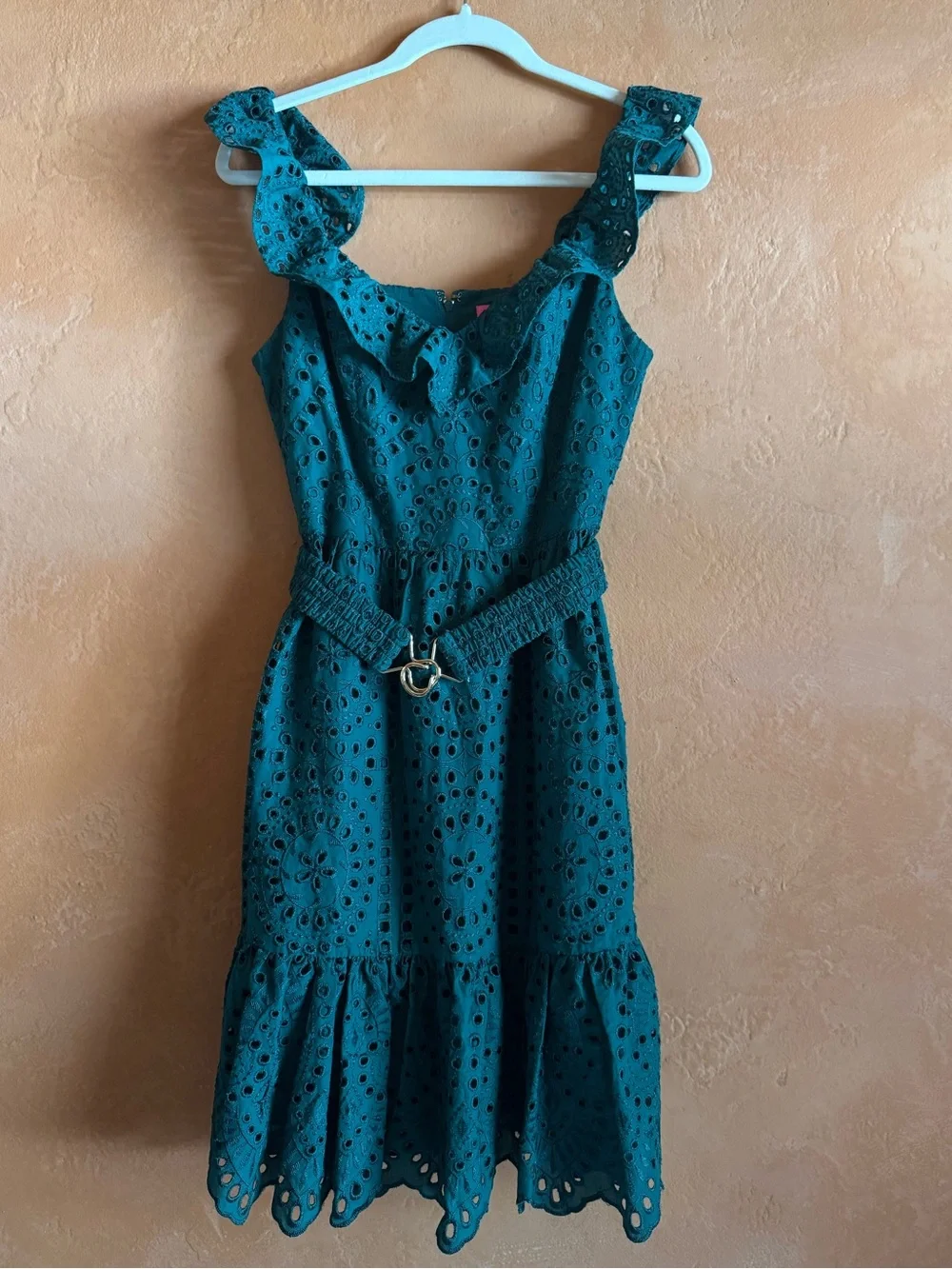Lilly Pulitzer Lexalyn Hosta Green Eyelet Ruffle Belted Dress Size 2